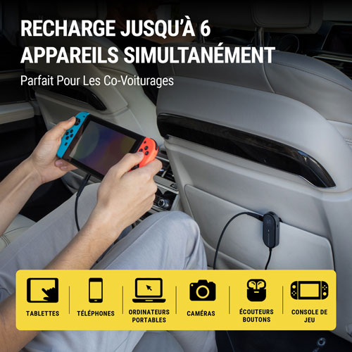 Scosche PowerVolt 100W PD 6-Port USB-C and USB-A Car Charger with 5’ Cable - Black