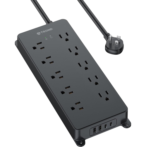 TROND  Surge Protector Power Bar - 10 Ac Outlets, 2 USB-C Ports, 4000 Joules Surge Protection, 5Ft Flat Plug Extension Cord, Wall Mountable, Home And