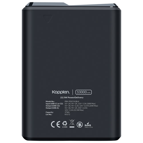 Kopplen Palm-Sized 10000 mAh Dual USB-C/USB-A Power Bank - Black