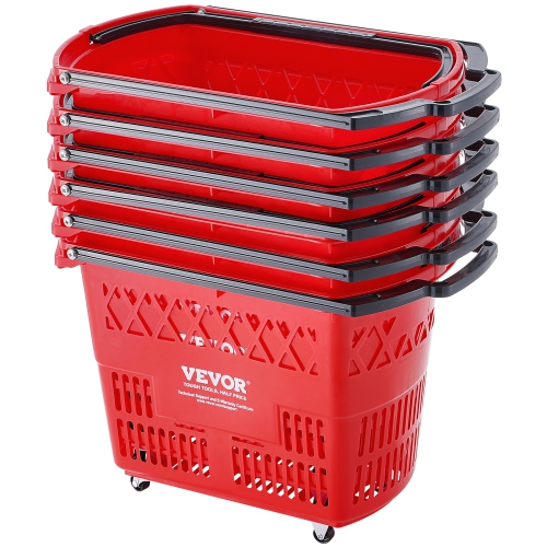 VEVOR  6PCs Shopping Baskets, 39L Shopping Carts \w Handles, Plastic Rolling Shopping Basket \w Wheels, Large Portable Shopping Basket Set For