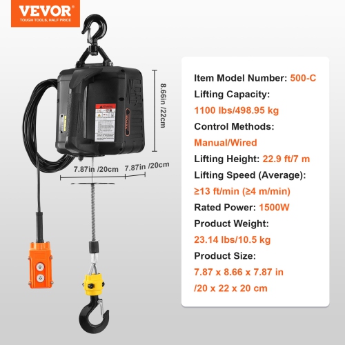 VEVOR 2-in-1 Electric Hoist Winch, 1100 lbs Lift Capacity, 1500W Portable Power Winch Crane, 22.9 ft Lifting Height, 13 ft/min with Wired Remote