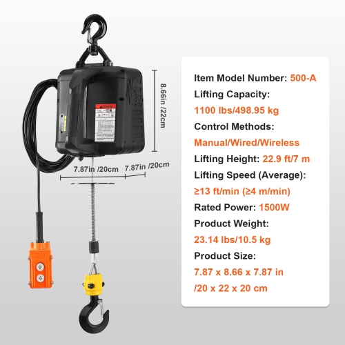 VEVOR 3-in-1 Electric Hoist Winch, 1100 lbs 1500W Portable Power Winch Crane, 22.9 ft Lifting Height, 13 ft/min with Wired and Wireless Remote