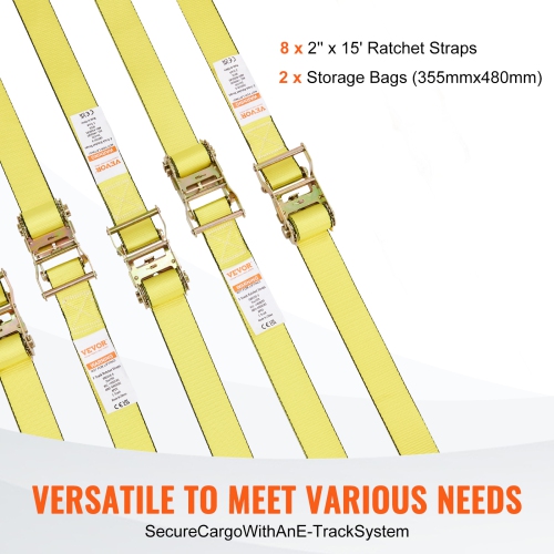 VEVOR 8PK Securing Straps, 4400 lb Tensile Capacity, E-Track Continuous Ratchet with 8 Superior 2" x 15' Straps, Robust Design, Ideal for
