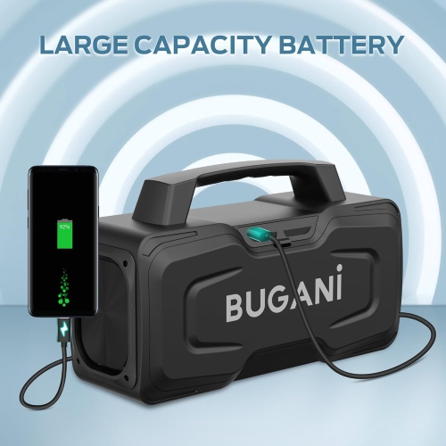 BUGANI Bluetooth Speaker, Portable, Waterproof, Mic & AUX, Black