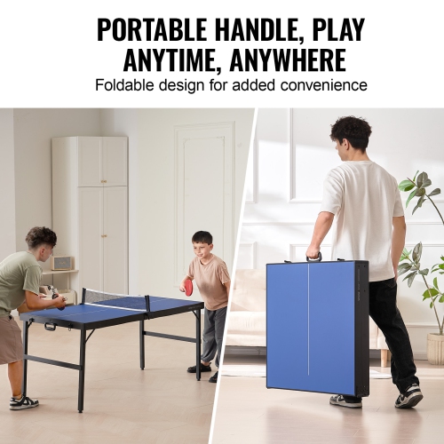 VEVOR 3 Balls Ping Pong Table, Mid-Size Table Tennis Game, Indoor MDF Table Tennis Table, Foldable Portable Complete Ping Pong Table Set with Net, 2