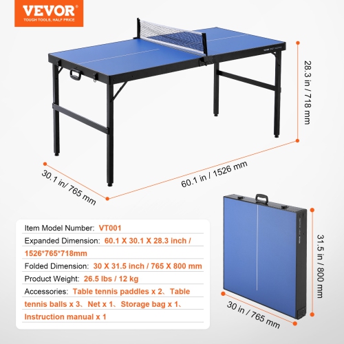 VEVOR 3 Balls Ping Pong Table, Mid-Size Table Tennis Game, Indoor MDF Table Tennis Table, Foldable Portable Complete Ping Pong Table Set with Net, 2