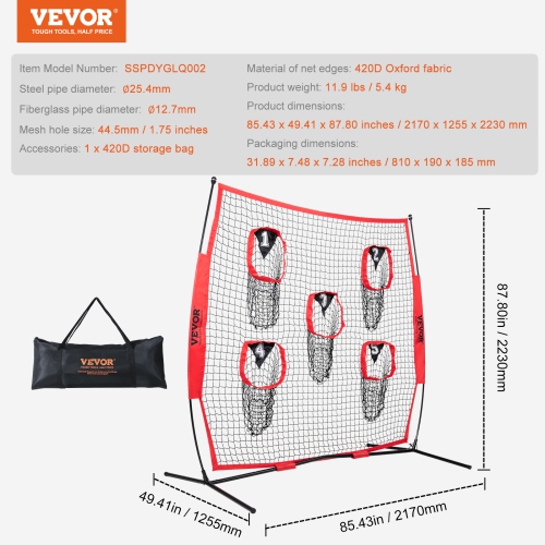 VEVOR 7 x 7 ft Football Trainer Throwing Net, Training Throwing Target Practice Net with 5 Target Pockets, Knotless Net Includes Bow Frame and
