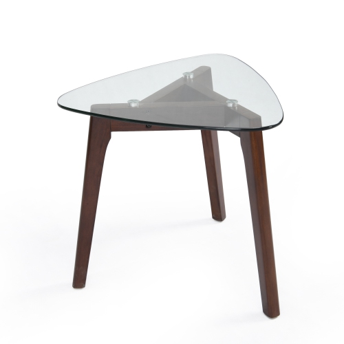 Kepooman Modern End Table - Triangle Base Solid Wood and Tempered Glass Side Table with Splayed Legs