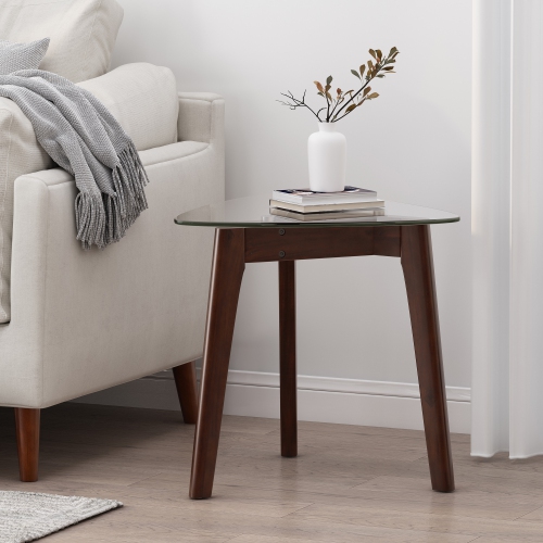 Kepooman Modern End Table - Triangle Base Solid Wood and Tempered Glass Side Table with Splayed Legs