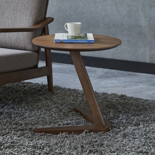 Table de bout moderne en forme de Z Kepooman - Table d'appoint en bois à base Boomerang avec dessus rond