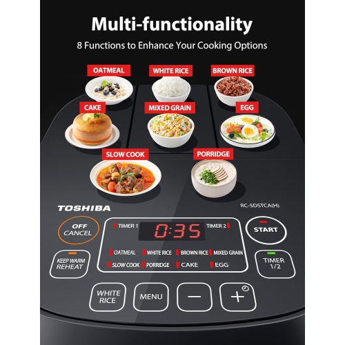 TOSHIBA 3-Cup Rice Cooker – LCD Display, 8 Cooking Functions, Non-Stick Inner Pot, Grey