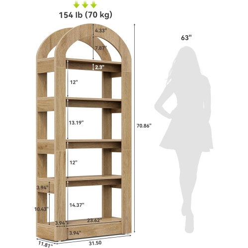 Tribesigns 5-Tier Bookshelf, Arch-Shaped Racks, Tall Standing Wooden Bookcase