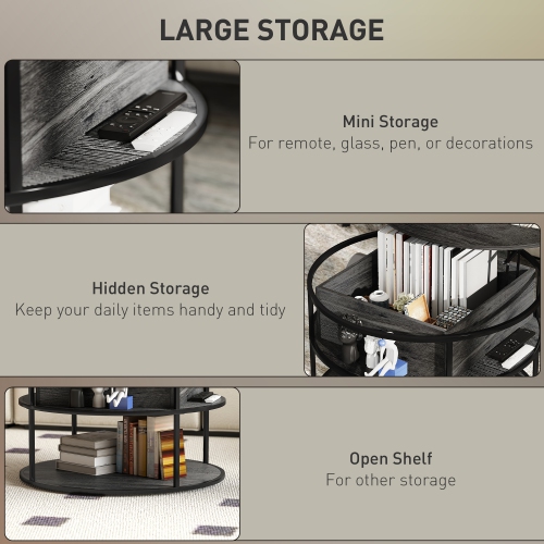 HOMCOM Lift Top Coffee Table, Round Coffee Table with Storage Shelf, Hidden Compartment and Steel Frame for Living Room, Home Office, Distressed Dark