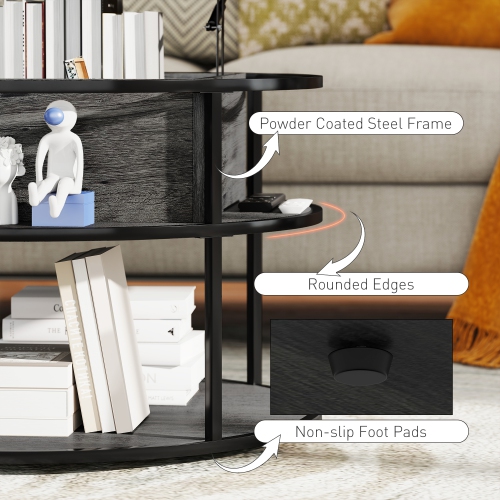 HOMCOM Lift Top Coffee Table, Round Coffee Table with Storage Shelf, Hidden Compartment and Steel Frame for Living Room, Home Office, Distressed Dark