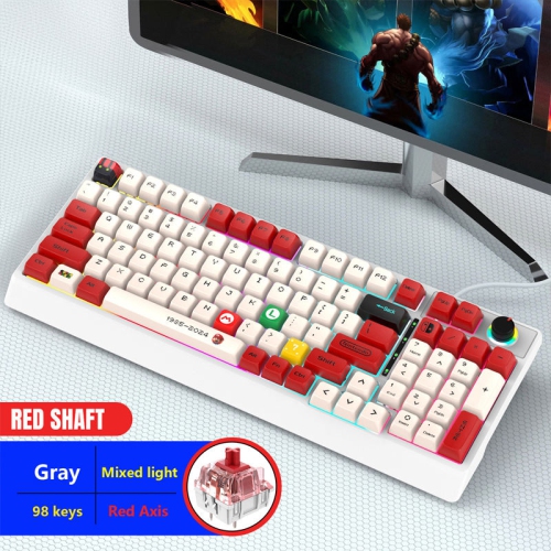 K98 true mechanical keyboard, blue axis red axis wired two-color injection sublimation keycaps, gaming peripherals, 40 white Mario