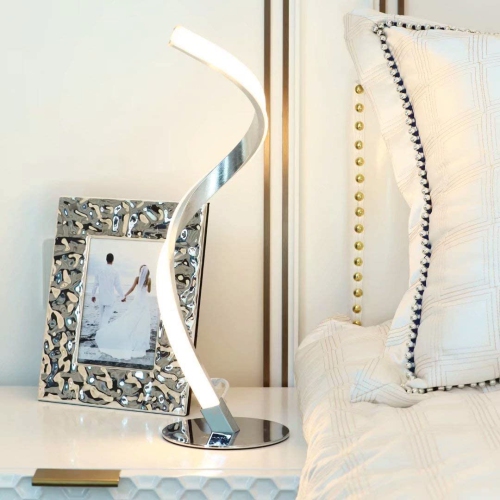 Lampe de table moderne en spirale, lampe de bureau tactile de 3 couleurs pour le bureau de la chambre à coucher, lampe de chevet argentée, lampe