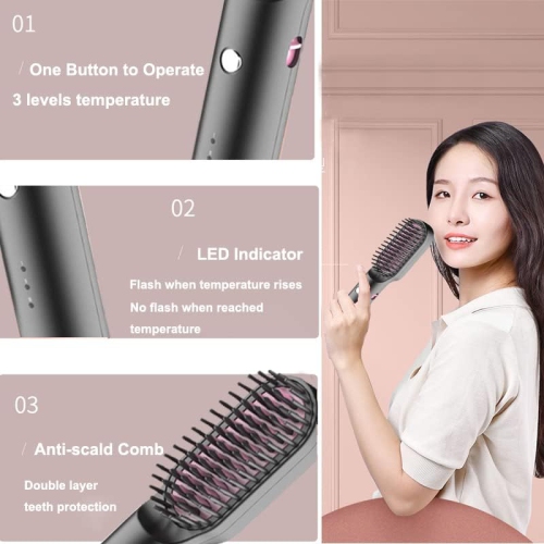 Portable Cordless Hair Straightening Brush Anti-Scald Travel Curler Styler USB Charging Hair Straightener Comb