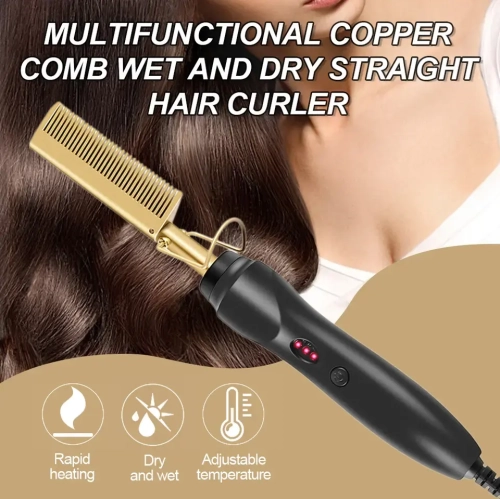 Hair Straightener Comb Electric Heated Hair Straightener Brush Perm Curling Comb-Gold