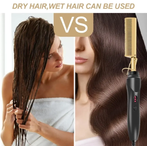 Hair Straightener Comb Electric Heated Hair Straightener Brush Perm Curling Comb-Gold