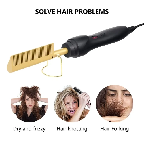 Hair Straightener Comb Electric Heated Hair Straightener Brush Perm Curling Comb-Gold