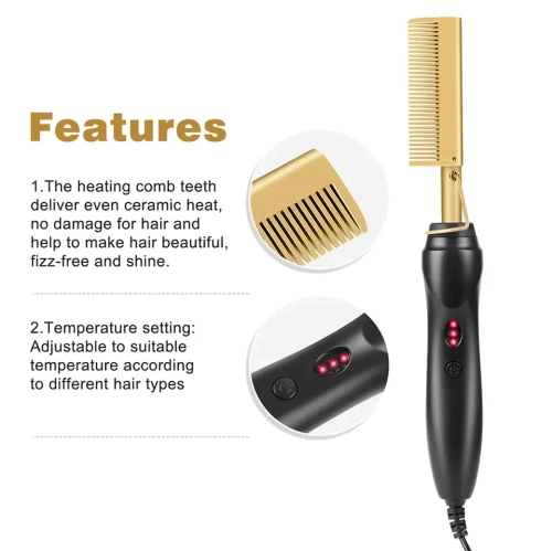 Hair Straightener Comb Electric Heated Hair Straightener Brush Perm Curling Comb-Gold