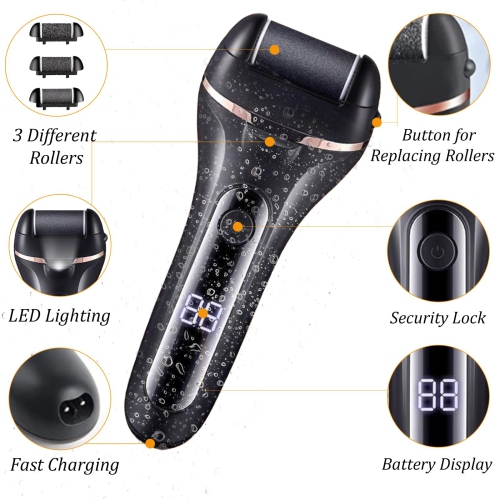 Electric Foot File, Professional Feet Hard Skin Remover, Rechargeable Foot Callus Remover Pedicure Kit with 3 Roller Heads for Dead Skin Dry Skin