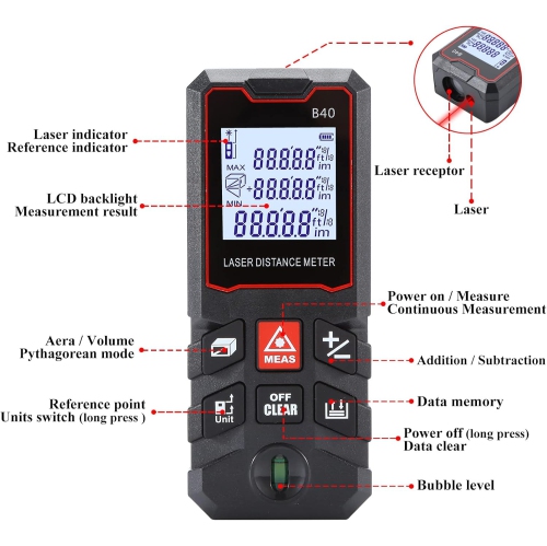131 ft. Laser Measure - Digital Laser Tape Measure with Bubble Level, Infrared Room Measurer, Handheld Laser Distance Meter - 40m