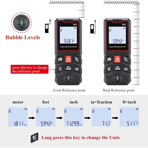 131 ft. Laser Measure - Digital Laser Tape Measure with Bubble Level, Infrared Room Measurer, Handheld Laser Distance Meter - 40m