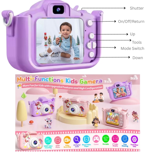 Appareil photo numérique pour enfants de MAKATA 48&nbsp;Mpx avec jeux vidéo HD et musique MP3, caméra jouet amusante pour enfants de moins de 13 ans,