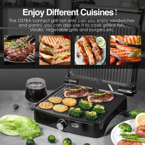 OSTBA Panini Press Grill - 4 Slice Indoor Grill Sandwich Maker with Temperature Control, 180° Open, Non-stick, 1200W