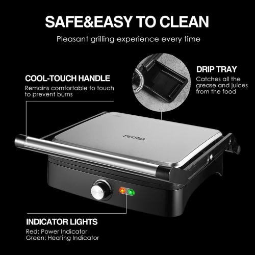 OSTBA Panini Press Grill - 4 Slice Indoor Grill Sandwich Maker with Temperature Control, 180° Open, Non-stick, 1200W