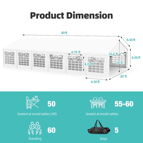 EROMMY 20x40 FT Waterproof Party Tent - Adjustable Sidewalls, Heavy-Duty Pavilion Shelter for Outdoor Events, Weddings & Commercial Use - White