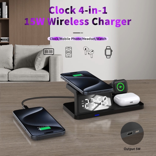 Mobile phone wireless charger super fast charging multifunctional 15w wireless charging clock alarm LCD display new private model black