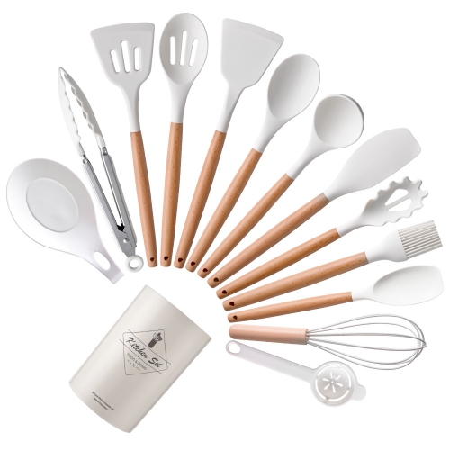 THE WAY  Light Version 750G Silicone Kitchenware Set, Wooden Handle 14-Piece Kitchen Tool Set, Cooking Spatula And Spoon Set 14-Piece Set, (White)