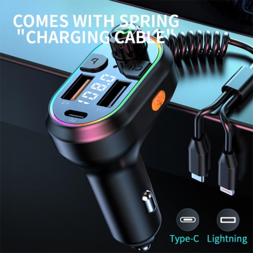 Émetteur FM Bluetooth pour l'auto, port de chargement rapide 25 W de type C avec câble USB-C rétractable, appels mains libres Adaptateur d'auto