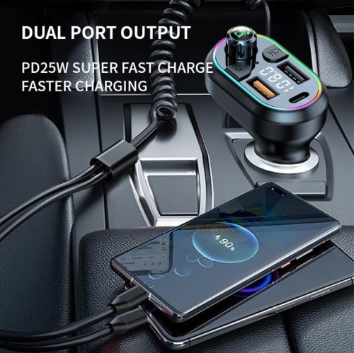 Émetteur FM Bluetooth pour l'auto, port de chargement rapide 25 W de type C avec câble USB-C rétractable, appels mains libres Adaptateur d'auto