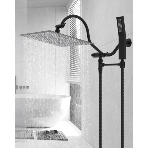 All Metal Shower Head, 12'' High Pressure Rainfall Shower Head, Showerhead Combo/Handheld Shower Wand, 12'' Adjustable Curved Shower Extension Arm,