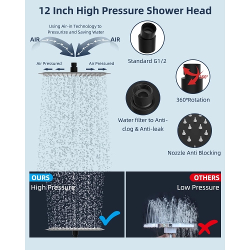All Metal Shower Head, 12'' High Pressure Rainfall Shower Head, Showerhead Combo/Handheld Shower Wand, 12'' Adjustable Curved Shower Extension Arm,