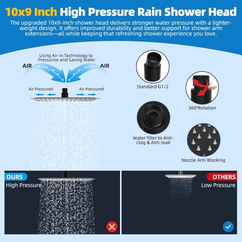 All Metal Shower Head, 10'' High Pressure Rainfall Shower Head, Showerhead Combo/Handheld Shower Wand, 12'' Adjustable Curved Shower Extension Arm,