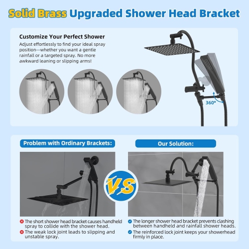 All Metal Shower Head, 10'' High Pressure Rainfall Shower Head, Showerhead Combo/Handheld Shower Wand, 12'' Adjustable Curved Shower Extension Arm,