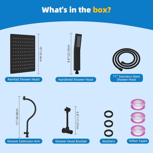 All Metal Shower Head, 10'' High Pressure Rainfall Shower Head, Showerhead Combo/Handheld Shower Wand, 12'' Adjustable Curved Shower Extension Arm,