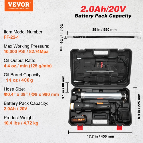 VEVOR 20V Cordless Grease Gun, 10,000 PSI, 39" Long Hose, Electric Grease Gun Kit High Pressure Battery Powered Grease Gun with Carrying Case,