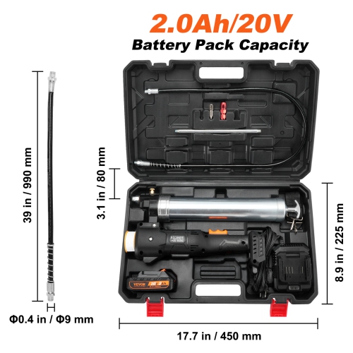 VEVOR 20V Cordless Grease Gun, 10,000 PSI, 39" Long Hose, Electric Grease Gun Kit High Pressure Battery Powered Grease Gun with Carrying Case,