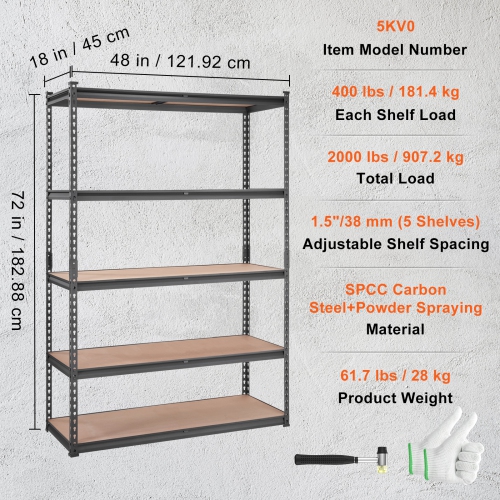 VEVOR 18" D x 48" W x 72" H Storage Shelving Unit, 5-Tier Adjustable, 2000 lbs Capacity, Garage Shelves Metal Organizer Rack, Black, for Kitchen
