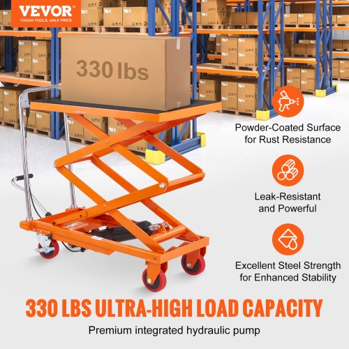 VEVOR 330lbs Capacity Hydraulic Lift Table Cart, 50" Lifting Height, Manual Double Scissor Lift Table with 4 Wheels and Non-slip Pad, for Material