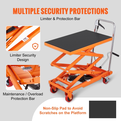 VEVOR 330lbs Capacity Hydraulic Lift Table Cart, 50" Lifting Height, Manual Double Scissor Lift Table with 4 Wheels and Non-slip Pad, for Material