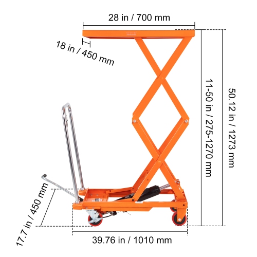 VEVOR 330lbs Capacity Hydraulic Lift Table Cart, 50" Lifting Height, Manual Double Scissor Lift Table with 4 Wheels and Non-slip Pad, for Material