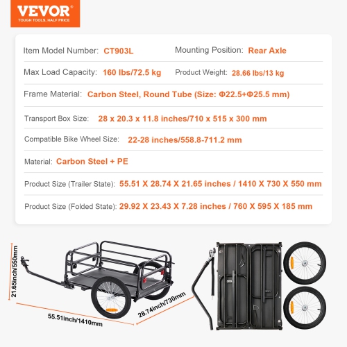 VEVOR 160 lbs Load Bike Cargo Trailer, Heavy-Duty Bicycle Wagon Cart, Compact Storage & Quick Release with Universal Hitch, 16" Wheels, Safe