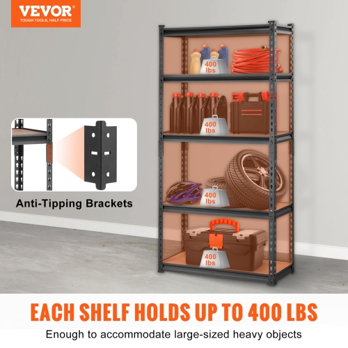 VEVOR 30" L x 12" W x 60" H Storage Shelving Unit, 5-Tier Adjustable, 2000 lbs Capacity, Garage Shelves Metal Organizer Rack, Black, for Kitchen