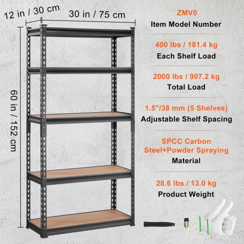 VEVOR 30" L x 12" W x 60" H Storage Shelving Unit, 5-Tier Adjustable, 2000 lbs Capacity, Garage Shelves Metal Organizer Rack, Black, for Kitchen